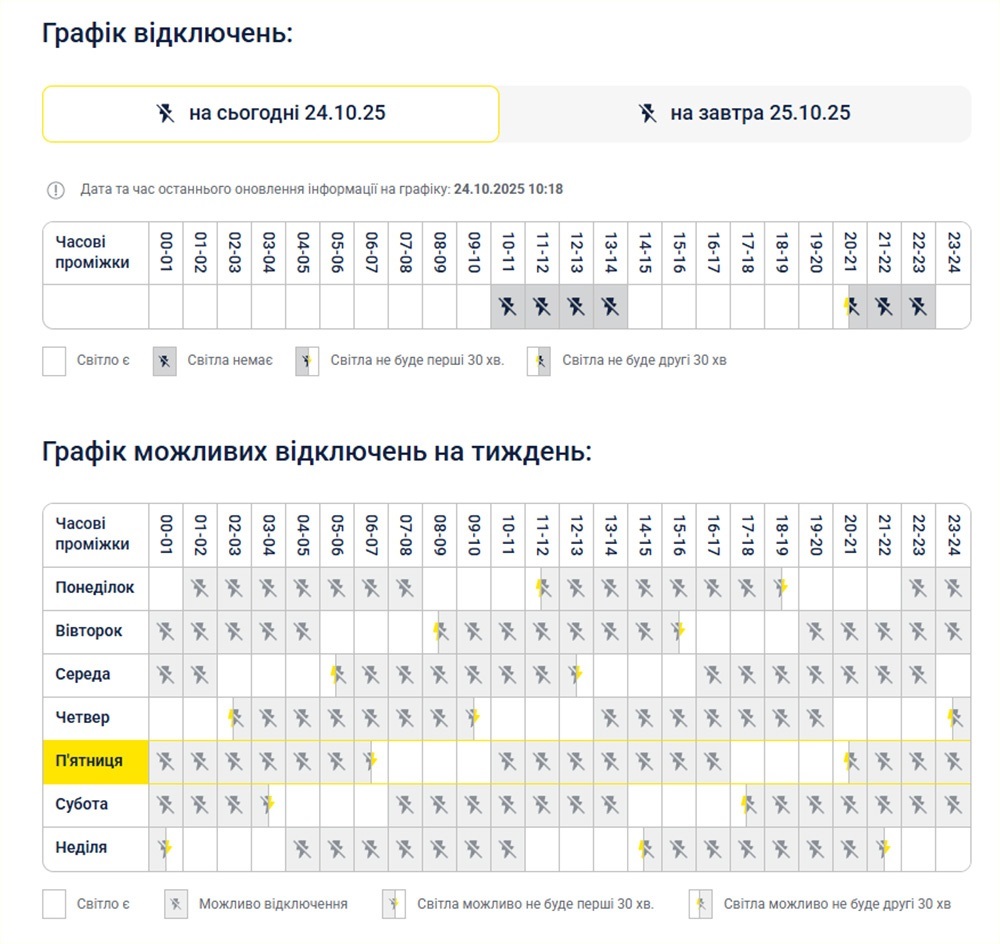 Графік відключень із сайту ДТЕК КРЕМ